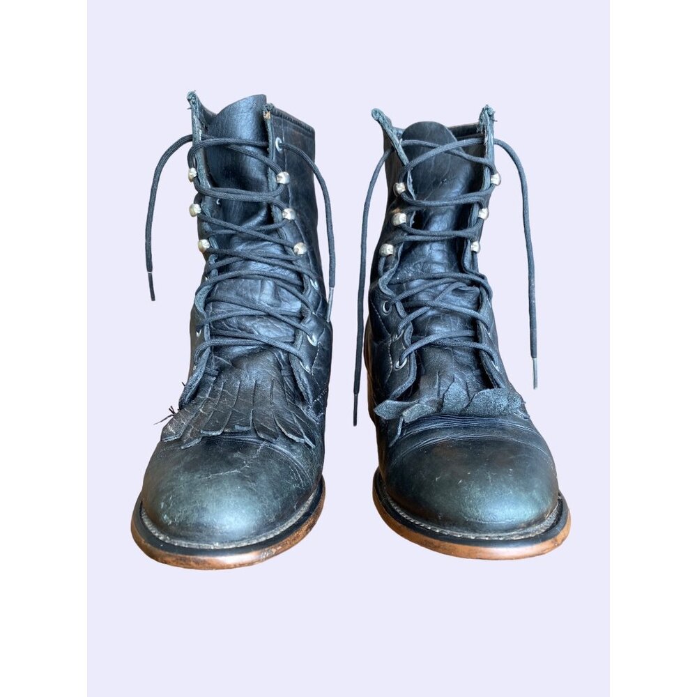 Vintage Black Leather Lace-Up Boots With Fringe Detail 6.5 Mens